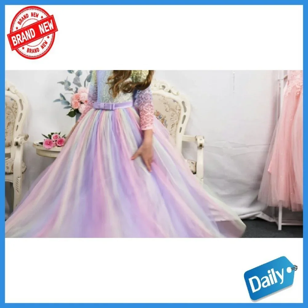 Girls Floral Lace 3/4 Sleeve Floor Length Formal Dress Size 2-14Y